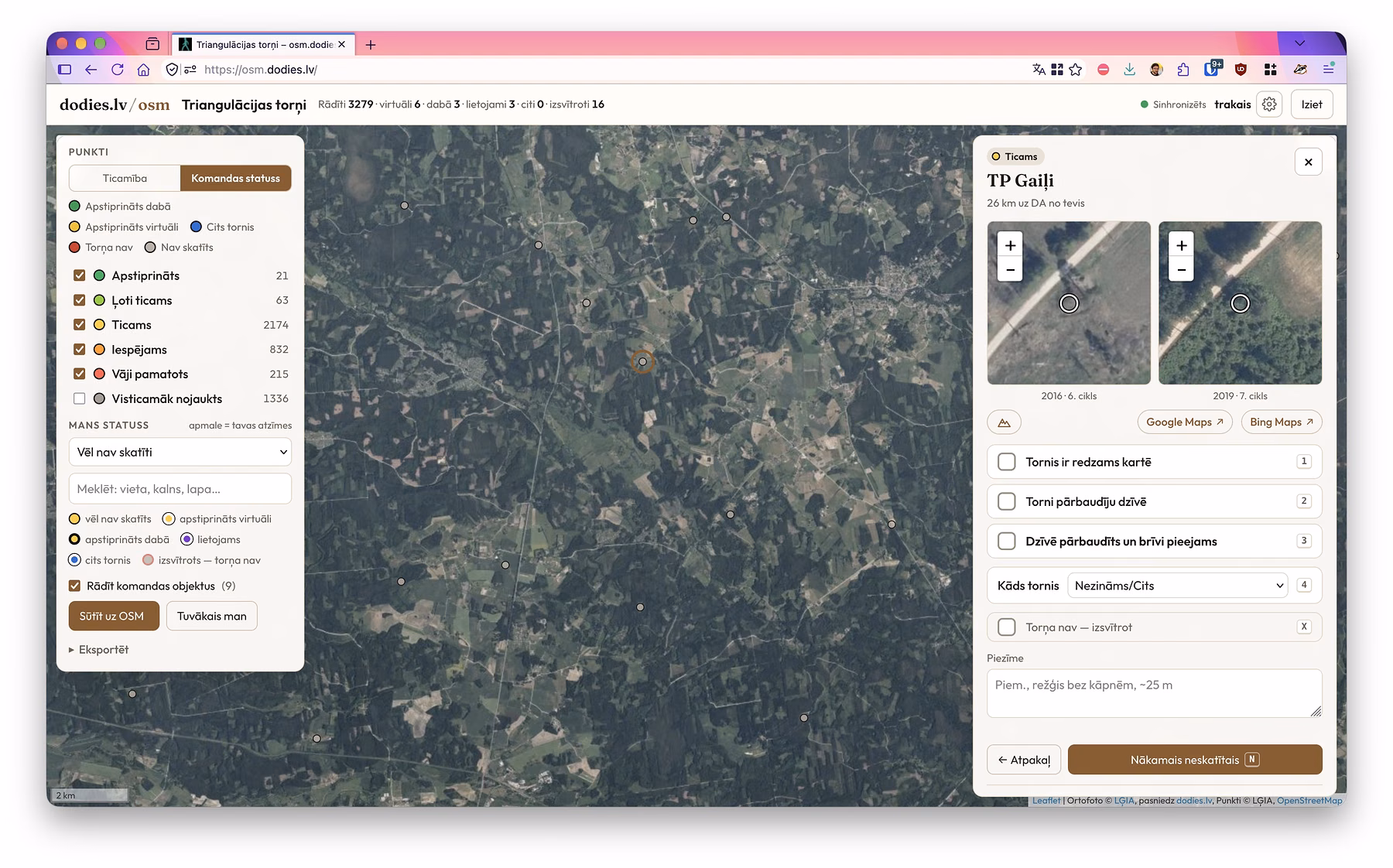 osm.dodies.lv: torņu karte un atvērta punkta informācija